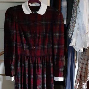 Laura Ashley *True Vintage* Wool Plaid Tartan Midi Dress*Peter Pan Collar* xs-sm